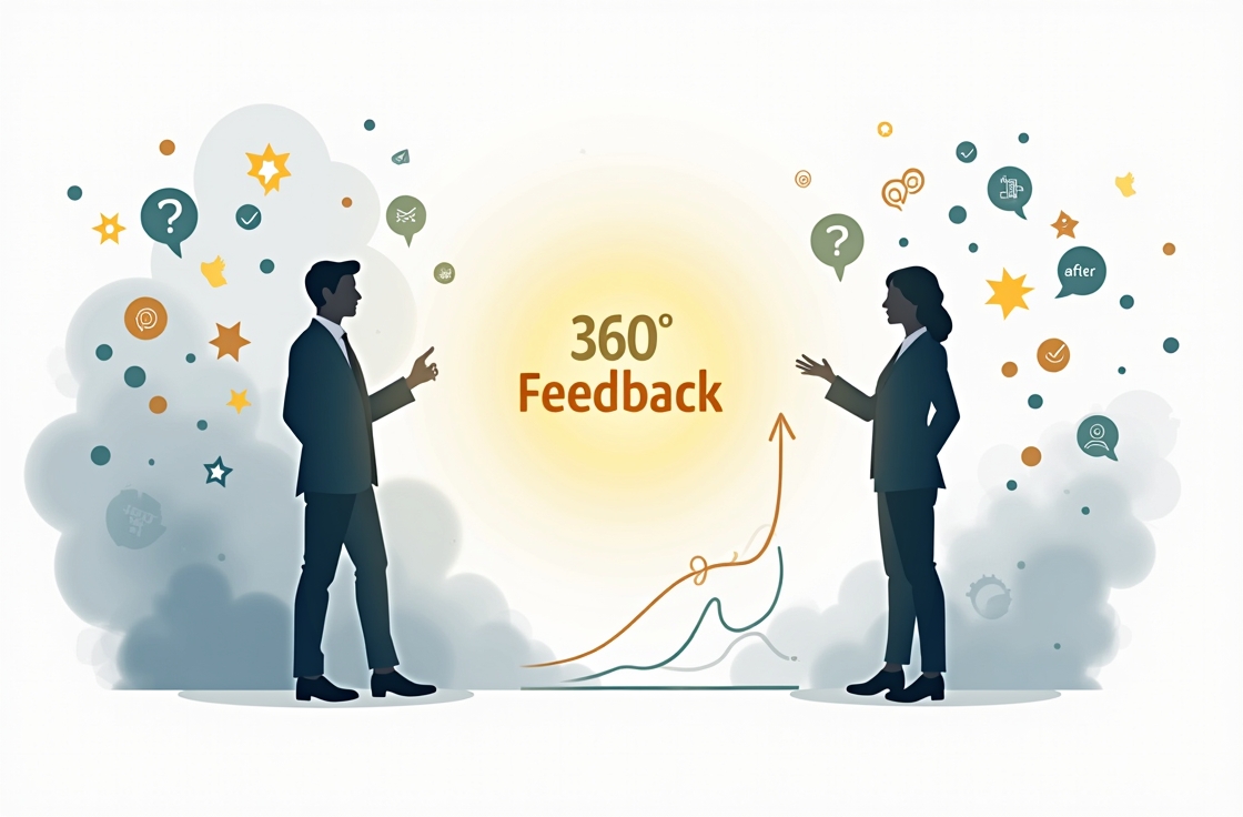 Visual transformation showing leadership development journey from uncertainty with blind spots to confident, effective leadership through 360 degree assessment feedback
