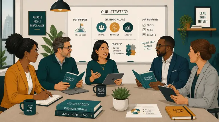 Leadership books on a desk with strategic planning notes