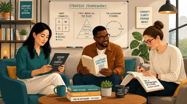 Strategic leadership planning with classic strategy books on a modern desk